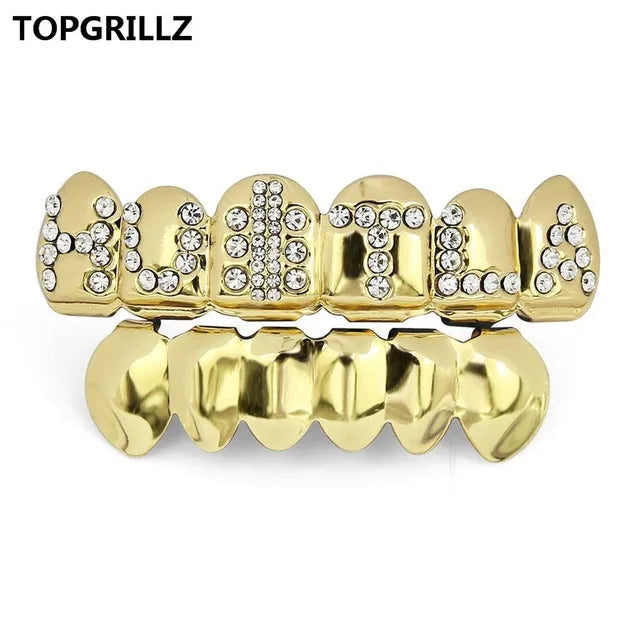 TOPGRILLZ Gold Color Plated Iced Out Letter CZ Stone Hip Hop Teeth For Mouth GRILLZ Caps Top & Bottom Grills Set Classic tooth