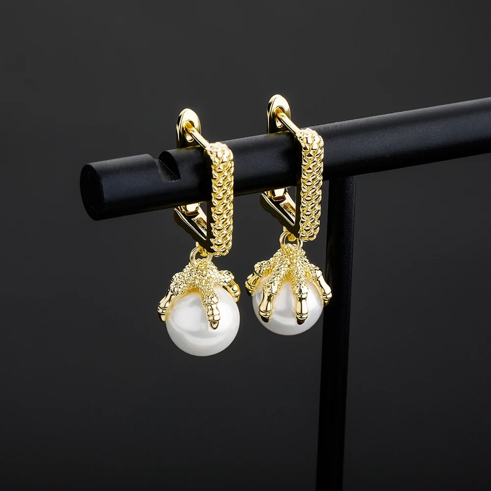 TOPGRILLZ 2021 NEW Women's Earring Chinese Style Dragon Claw Pearl Earrings High Quality Copper Gold Personality Jewelry