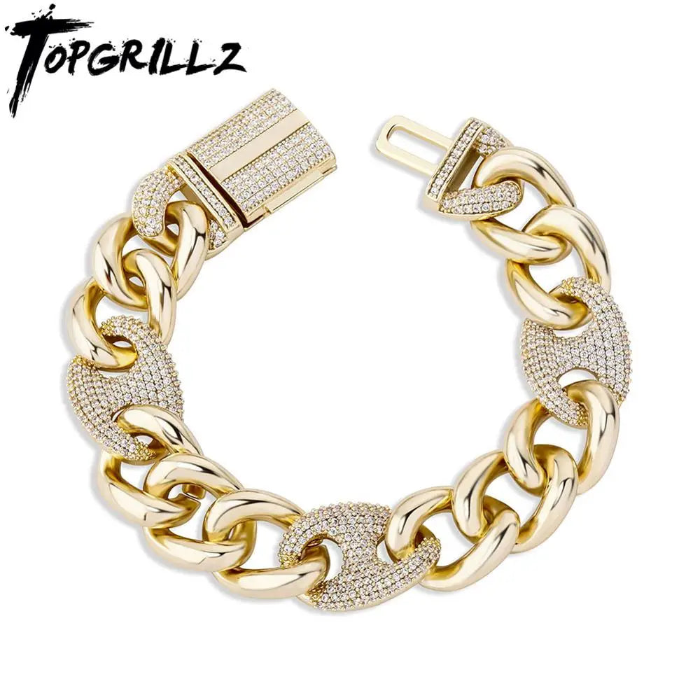 TOPGRILLZ 16mm Box Buckle Bracelet Miami Cuban Chain Iced Out Cubic Zirconia Hip Hop Fashion Jewelry