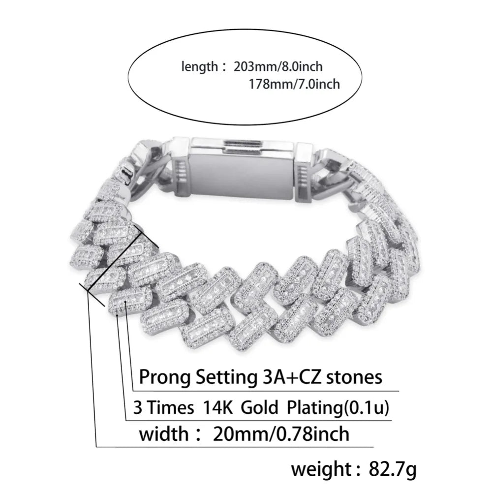 TOPGRILLZ 20mm Box buckle Clasp Baguette Zircon Prong Setting Cuban Bracelet Iced Out Cubic Zirconia Chain Hip Hop Rock Jewelry