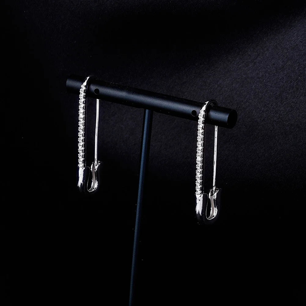 TOPGRILLZ Safety Pin Chain Earring Iced out Cubic Zirconia Pin Earring Hip Hop Fashion Charm Party Jewelry For Gift Men Women
