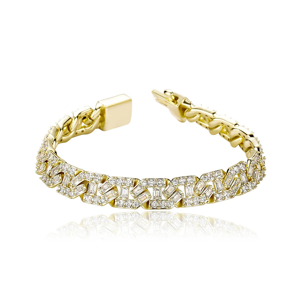 TOPGRILLZ High Quality 9mm Iced Out Baguette Prong Cuban Bracelet With New Spring Ring Clasps Hip Hop Jewelry For Men Women