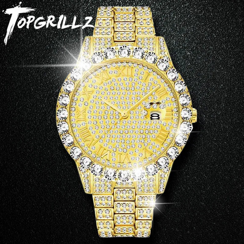 TOPGRILLZ Men Watch Gold Plated Mens Watches Top Brand Luxury Bracelet Stainless Steel Quartz Wristwatch Business Clock