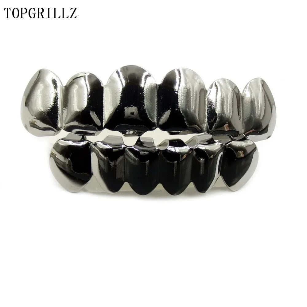 TOPGRILLZ Gold Silver Plated HIP HOP Tooth Grillz Top& Bootom Groll Set With Silicone Vampire Teeth Best Gift ForChristmas