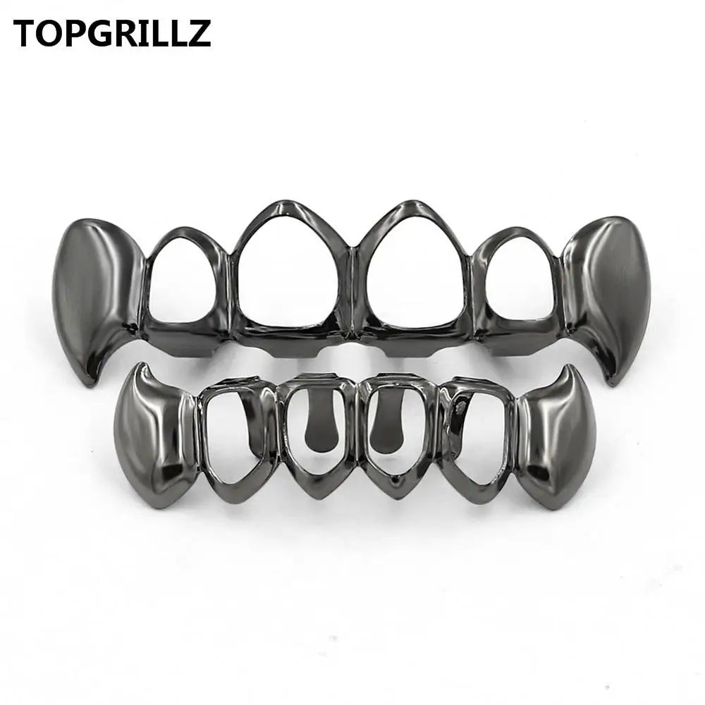 TOPGRILLZ  Gold Color Plated Hip Hop Teeth Grill Top & Bottom Grill Hip Hop Bling Hollow Vampire Teeth for Halloween