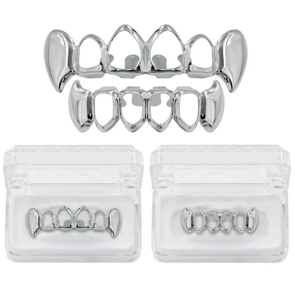 TOPGRILLZ  Gold Color Plated Hip Hop Teeth Grill Top & Bottom Grill Hip Hop Bling Hollow Vampire Teeth for Halloween