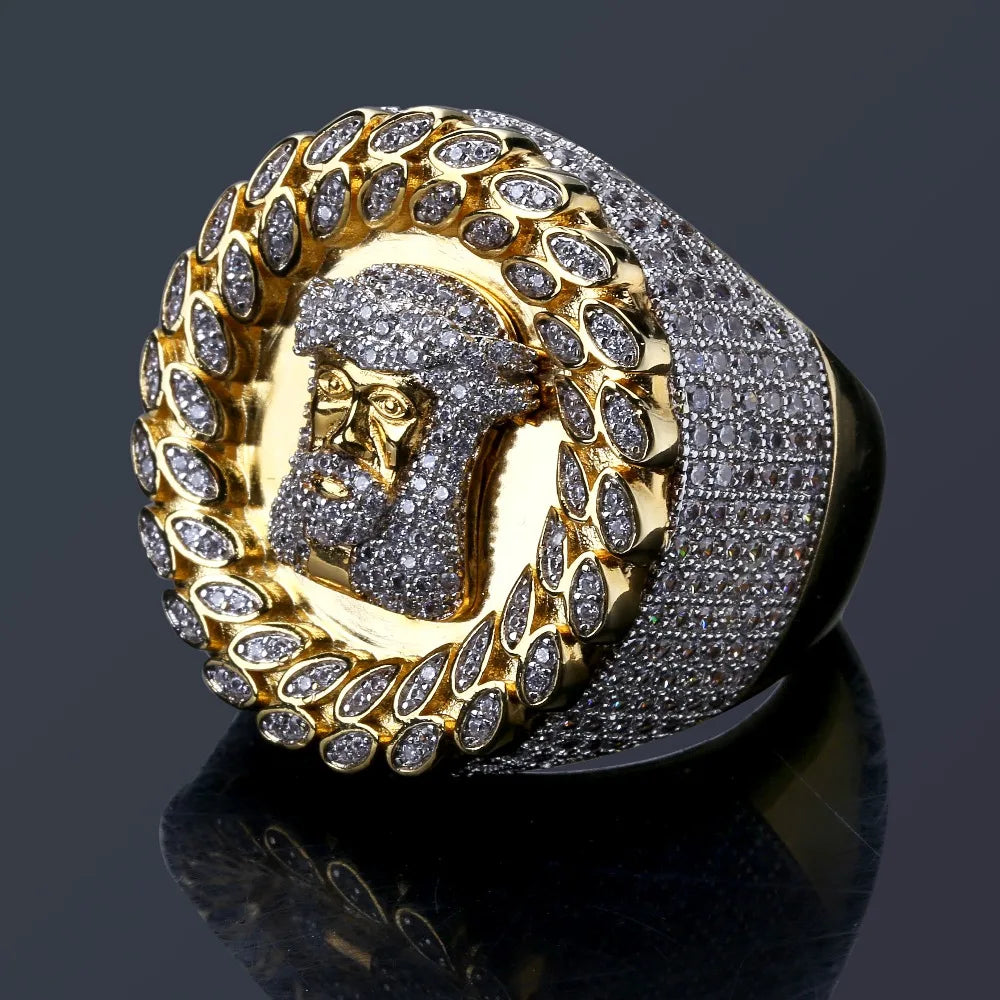 TOPGRILLZ New Arrival Hip Hop Men Jesus Ring Copper Gold Color Micro Paved AAA CZ Stone Pharaoh Round Rings With 8 9 10 11 12