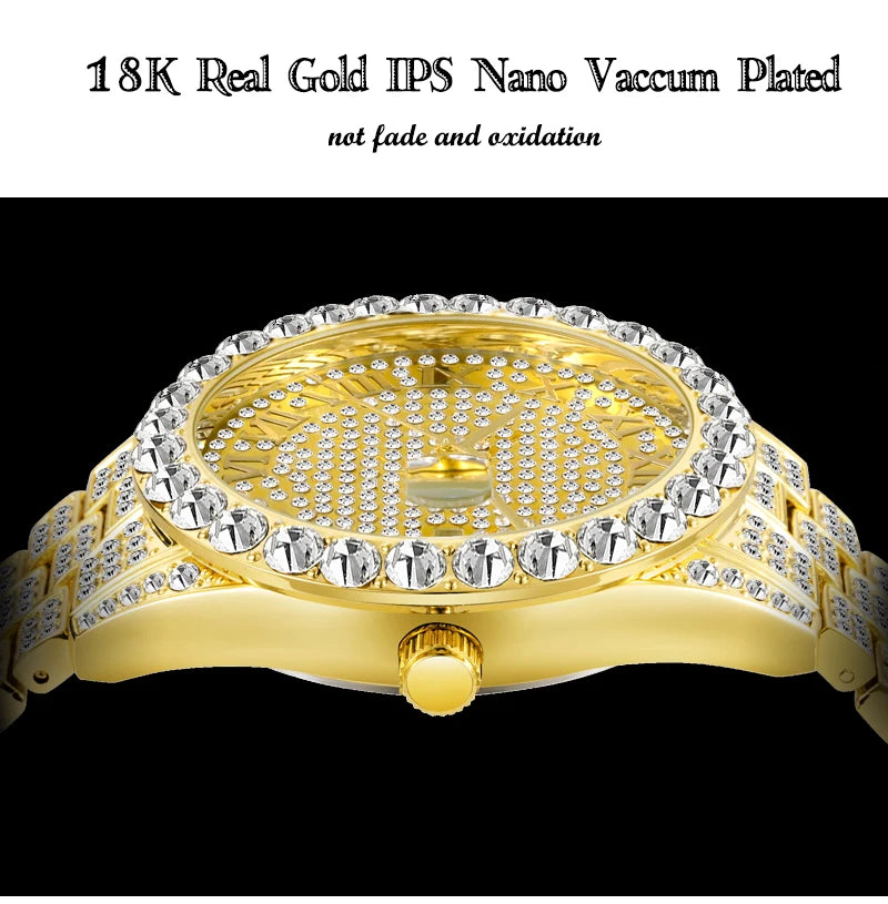 TOPGRILLZ Men Watch Gold Plated Mens Watches Top Brand Luxury Bracelet Stainless Steel Quartz Wristwatch Business Clock