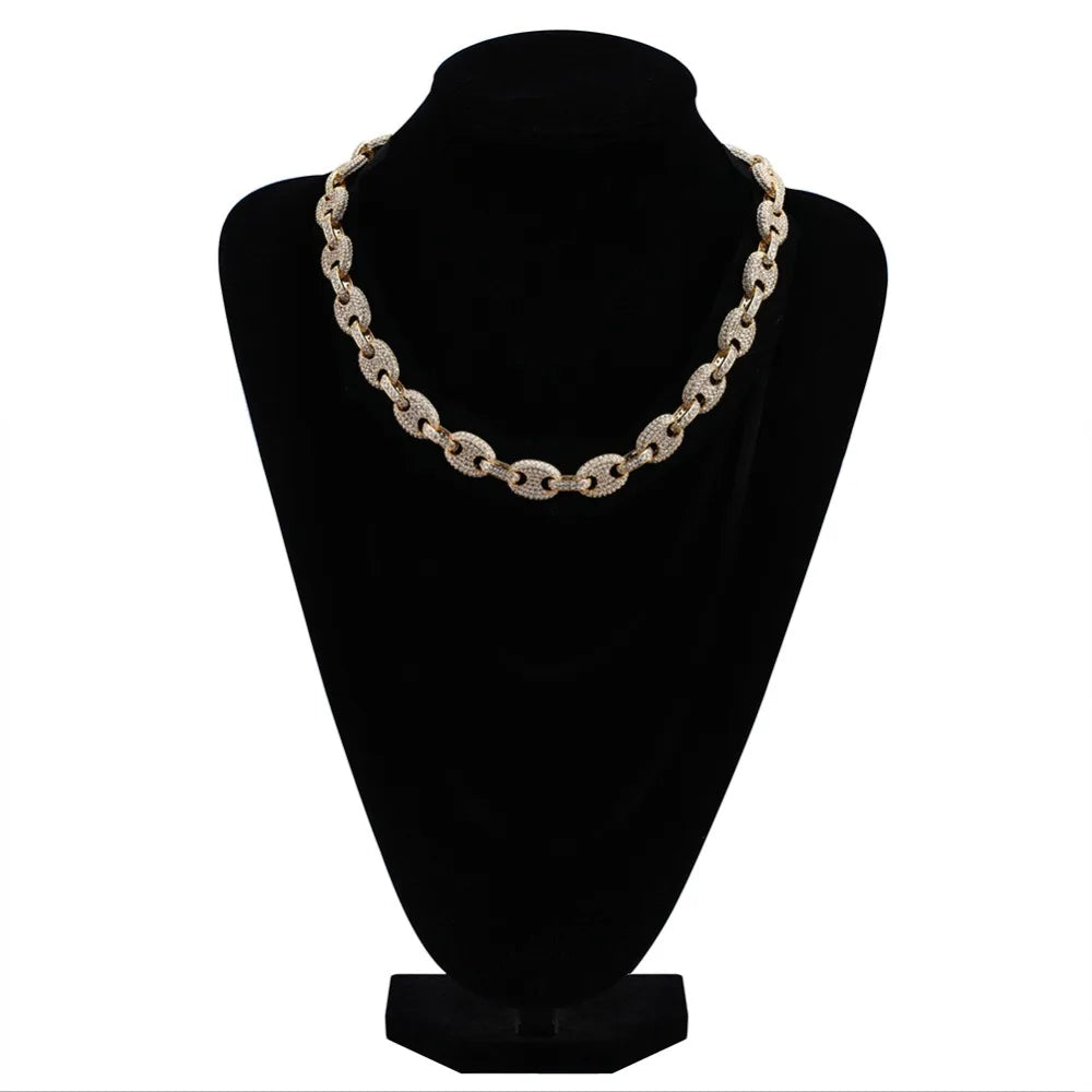 TOPGRILLZ 12MM Solid Gold Silver Color Cubic Zircon Link Necklace Bling Men's Hip hop Jewelry Copper Iced link Chain For Gift