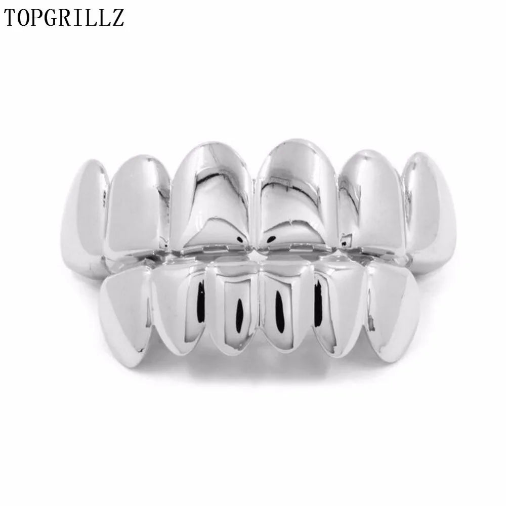 TOPGRILLZ Gold Silver Plated HIP HOP Tooth Grillz Top& Bootom Groll Set With Silicone Vampire Teeth Best Gift ForChristmas