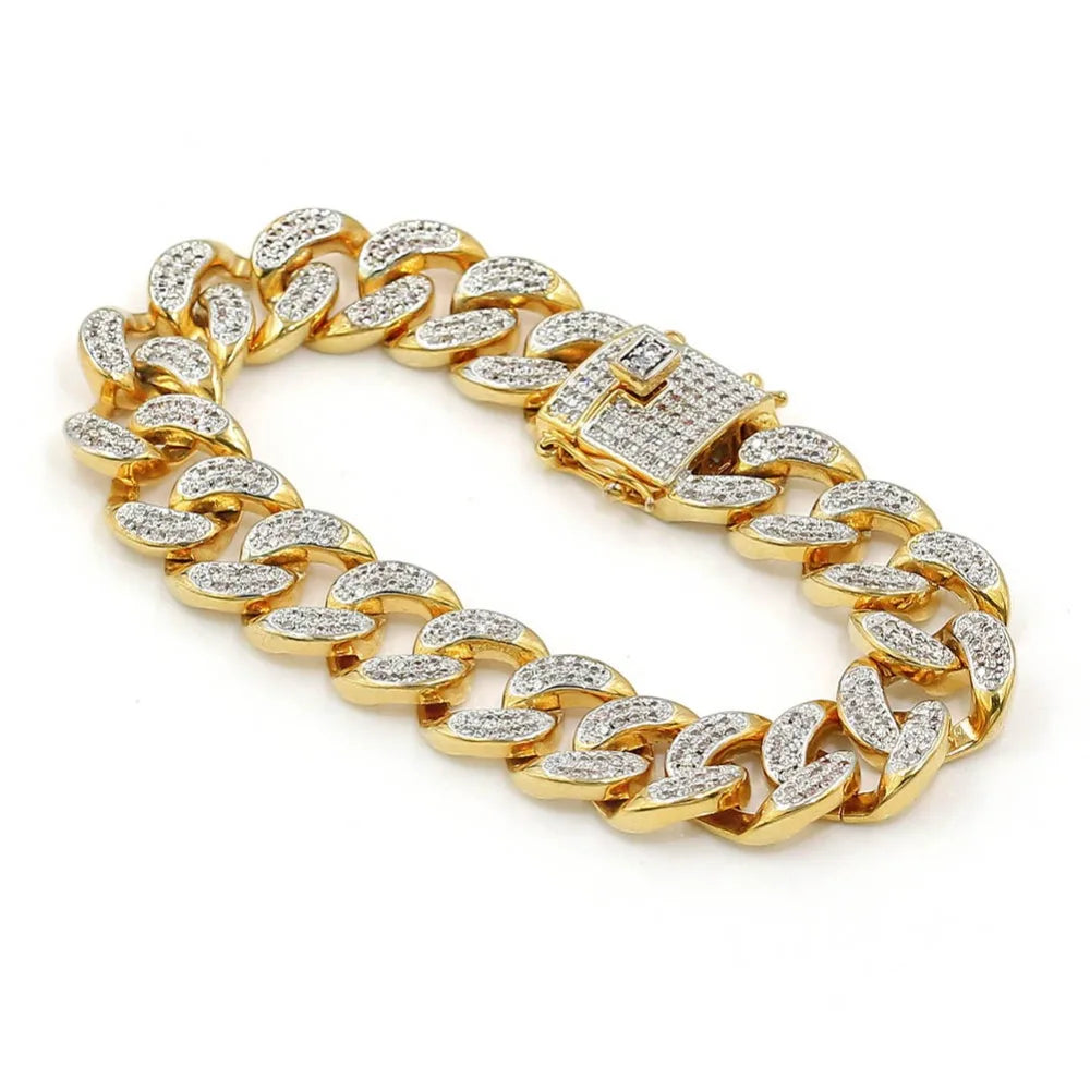 TOPGRILLZ Hip Hop Rock Jewelry Gold Color Plated Cuban Chain Micro Pave CZ Stones Bracelet 8 Inch Length Beacelets For Men