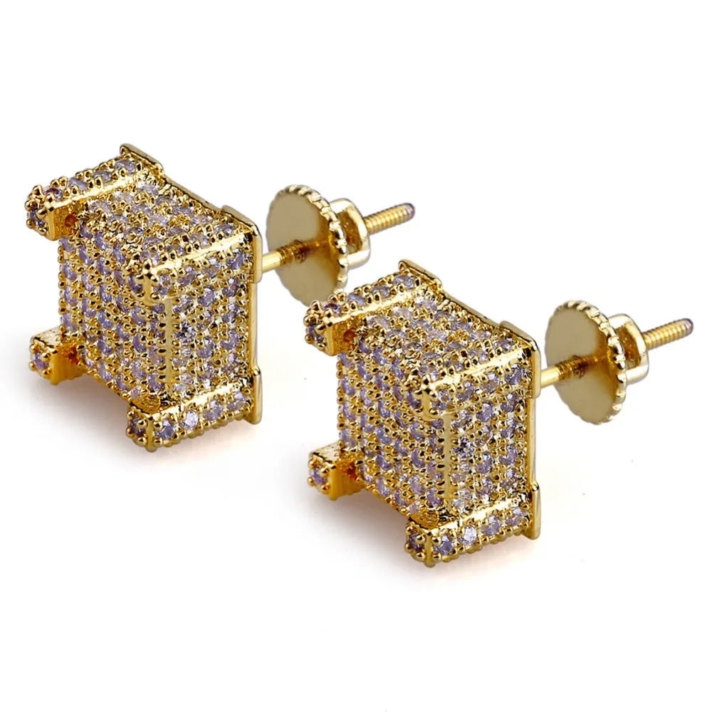 TOPGRILLZ Gold/Silver Color All Iced Out Micro Pave CZ Stone Square Stud Earring Hip Hop Rock Jewelry Earrings For Women Men