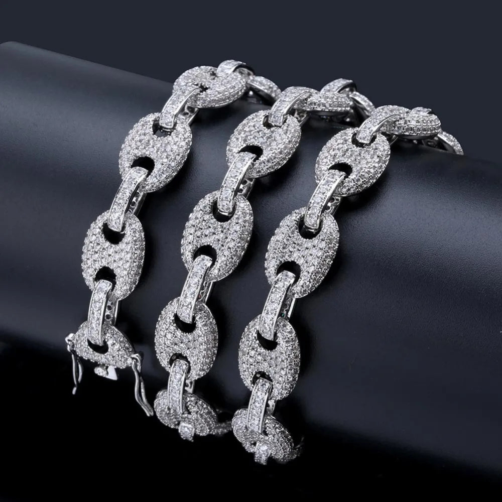 TOPGRILLZ 12MM Solid Gold Silver Color Cubic Zircon Link Necklace Bling Men's Hip hop Jewelry Copper Iced link Chain For Gift