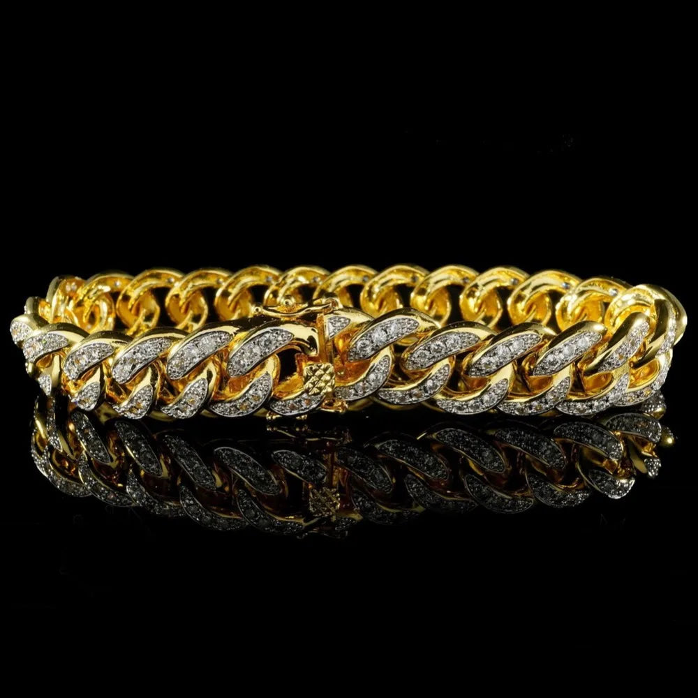 TOPGRILLZ Hip Hop Rock Jewelry Gold Color Plated Cuban Chain Micro Pave CZ Stones Bracelet 8 Inch Length Beacelets For Men