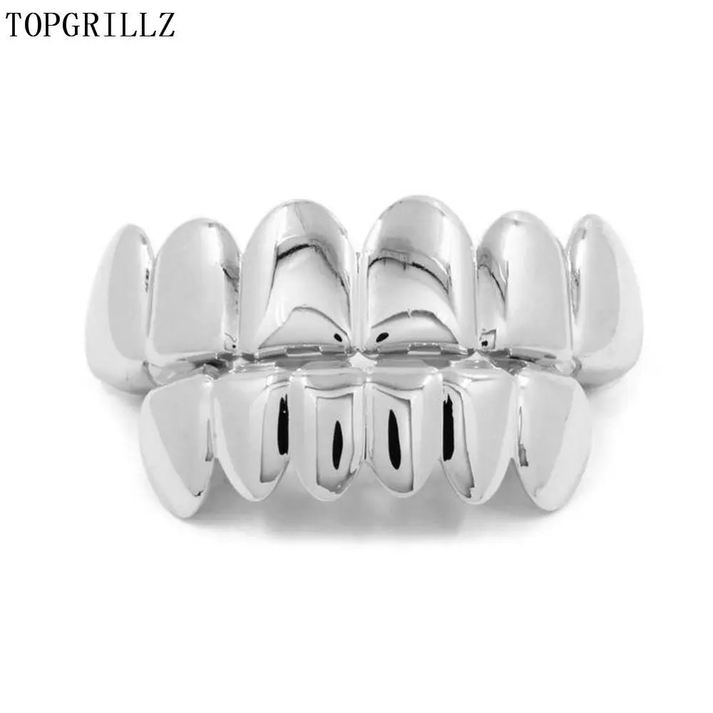 TOPGRILLZ Gold Silver Plated HIP HOP Tooth Grillz Top& Bootom Groll Set With Silicone Vampire Teeth Best Gift ForChristmas