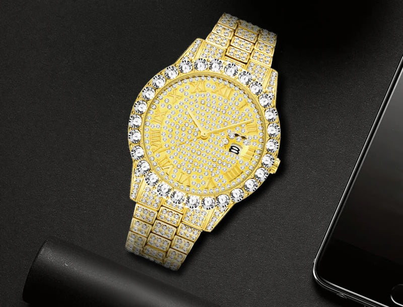 TOPGRILLZ Men Watch Gold Plated Mens Watches Top Brand Luxury Bracelet Stainless Steel Quartz Wristwatch Business Clock