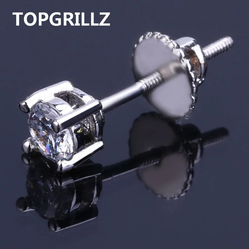 TOPGRILLZ Hip Hop New Fashion Bling Earring Gold/Silver Color Micro Pave 4mm CZ Stone Lab D Stud Earings With Screw Back
