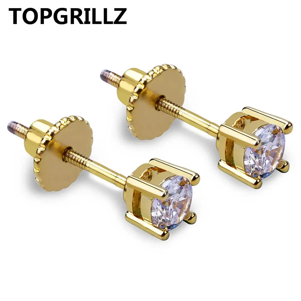 TOPGRILLZ Hip Hop New Fashion Bling Earring Gold/Silver Color Micro Pave 4mm CZ Stone Lab D Stud Earings With Screw Back