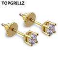 TOPGRILLZ Hip Hop New Fashion Bling Earring Gold/Silver Color Micro Pave 4mm CZ Stone Lab D Stud Earings With Screw Back