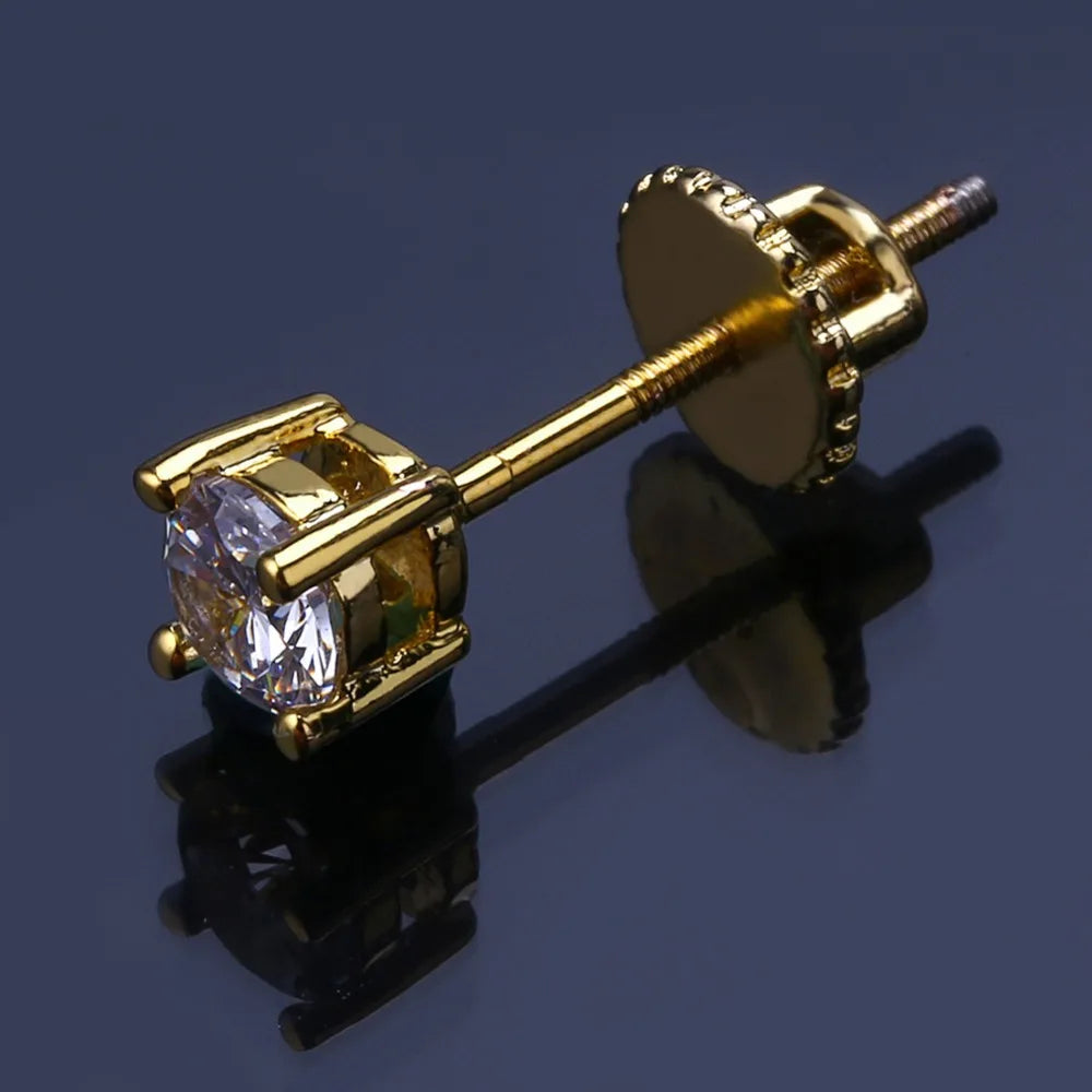 TOPGRILLZ Hip Hop New Fashion Bling Earring Gold/Silver Color Micro Pave 4mm CZ Stone Lab D Stud Earings With Screw Back
