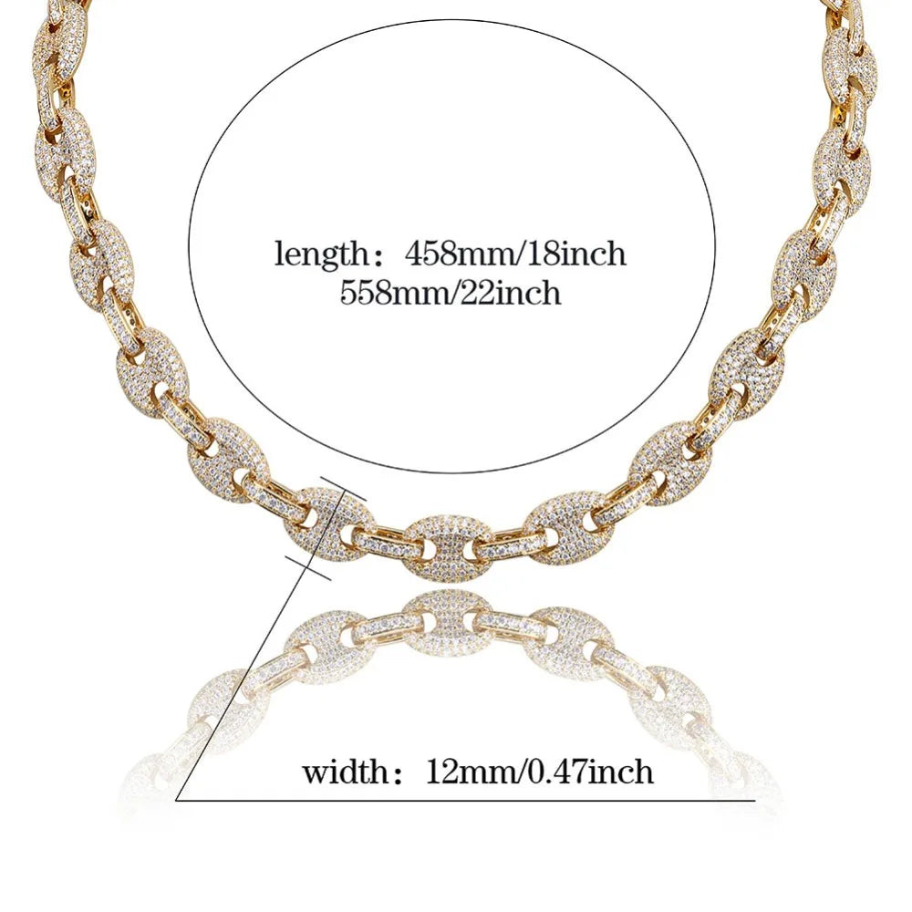 TOPGRILLZ 12MM Solid Gold Silver Color Cubic Zircon Link Necklace Bling Men's Hip hop Jewelry Copper Iced link Chain For Gift