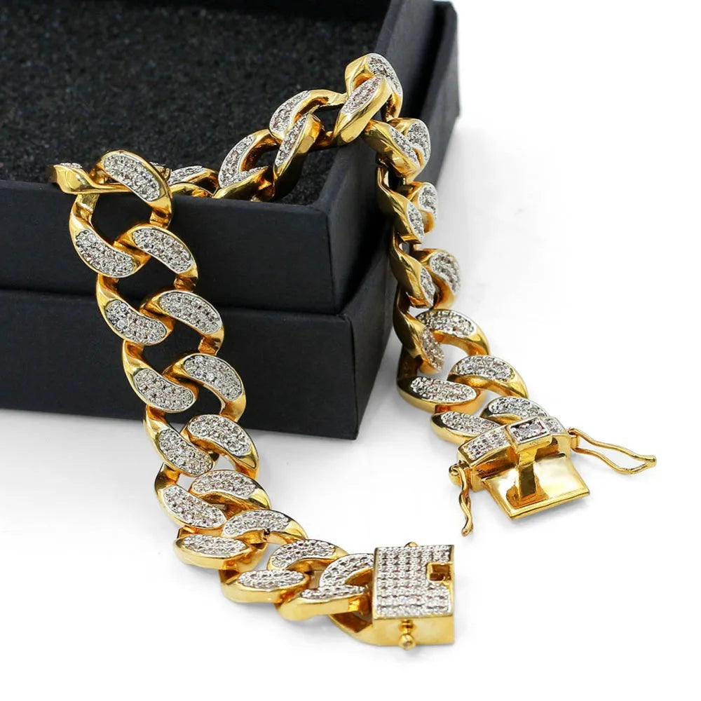 TOPGRILLZ Hip Hop Rock Jewelry Gold Color Plated Cuban Chain Micro Pave CZ Stones Bracelet 8 Inch Length Beacelets For Men