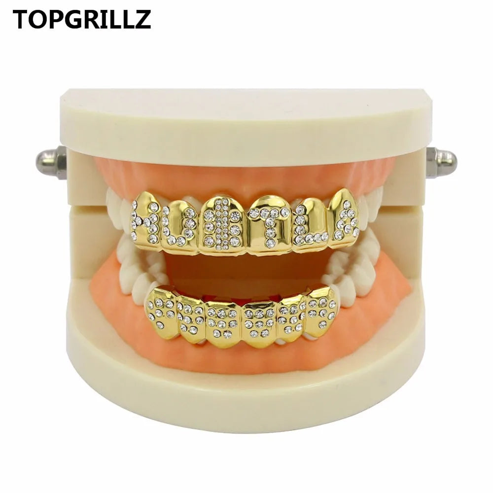 TOPGRILLZ Gold Color Plated Iced Out Letter CZ Stone Hip Hop Teeth For Mouth GRILLZ Caps Top & Bottom Grills Set Classic tooth