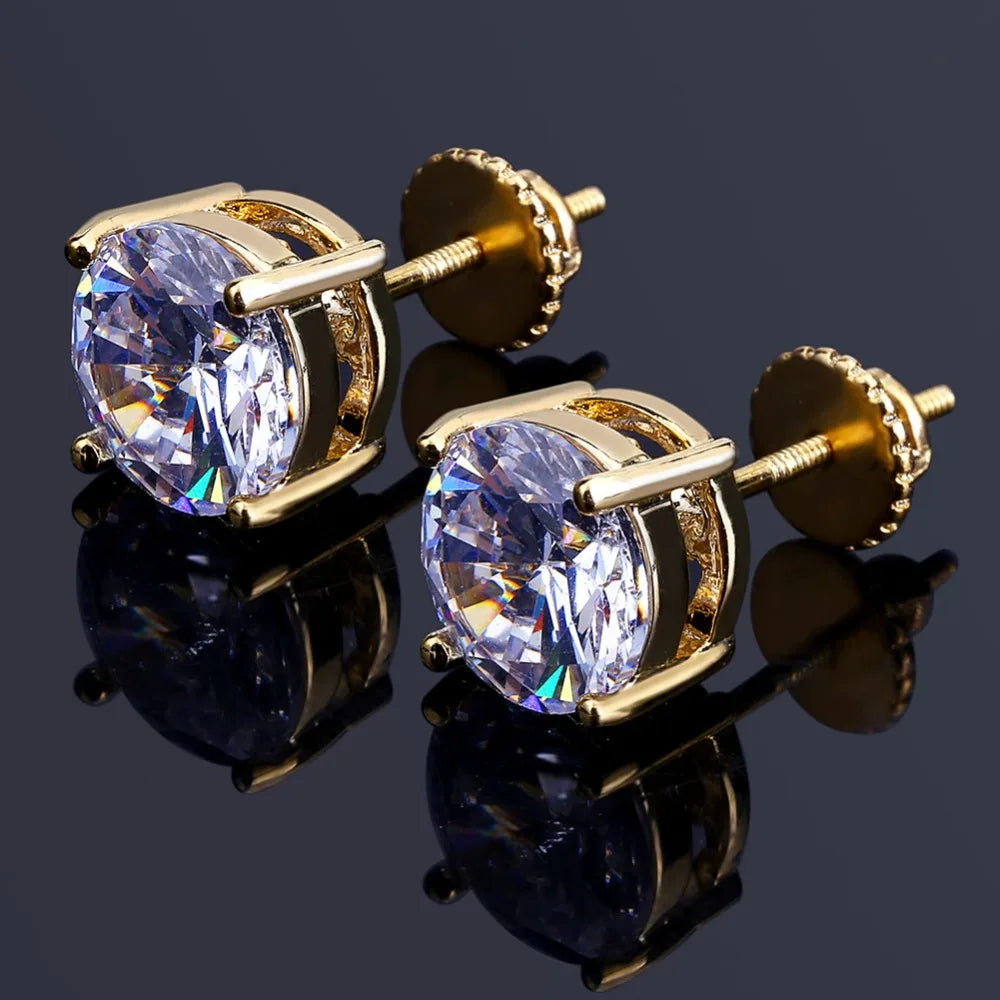 TOPGRILLZ Hip Hop Iced Out Bling Stud Earrings With Screw Back Silver Plated Micro Pave 8mm CZ Stone Earrings Gift For Mem