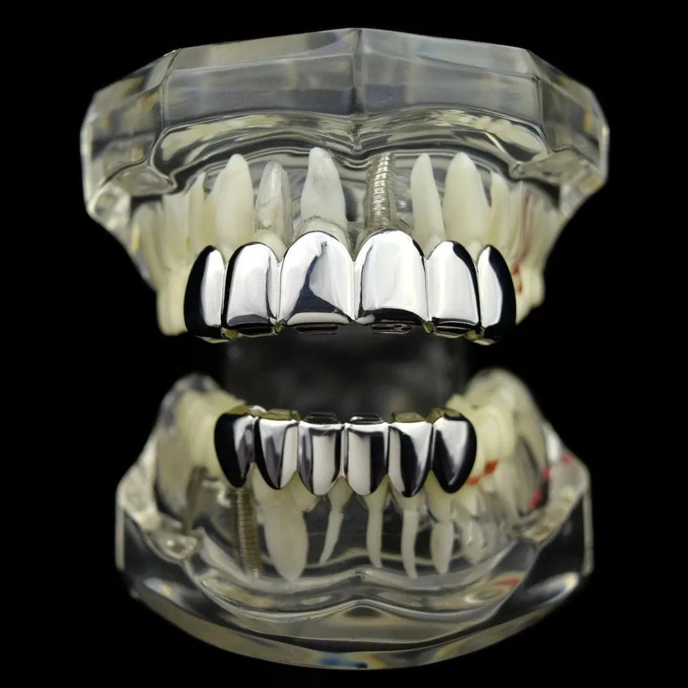 TOPGRILLZ Gold Silver Plated HIP HOP Tooth Grillz Top& Bootom Groll Set With Silicone Vampire Teeth Best Gift ForChristmas