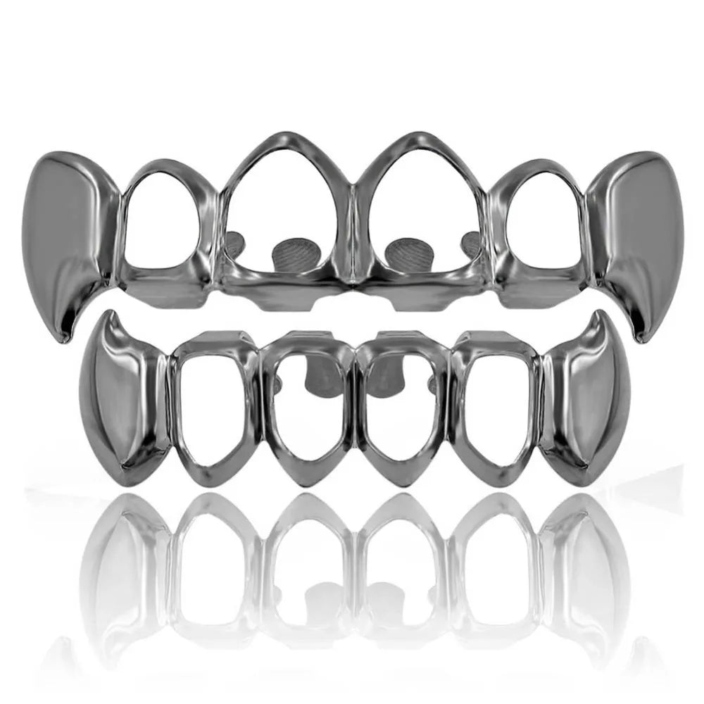 TOPGRILLZ  Gold Color Plated Hip Hop Teeth Grill Top & Bottom Grill Hip Hop Bling Hollow Vampire Teeth for Halloween