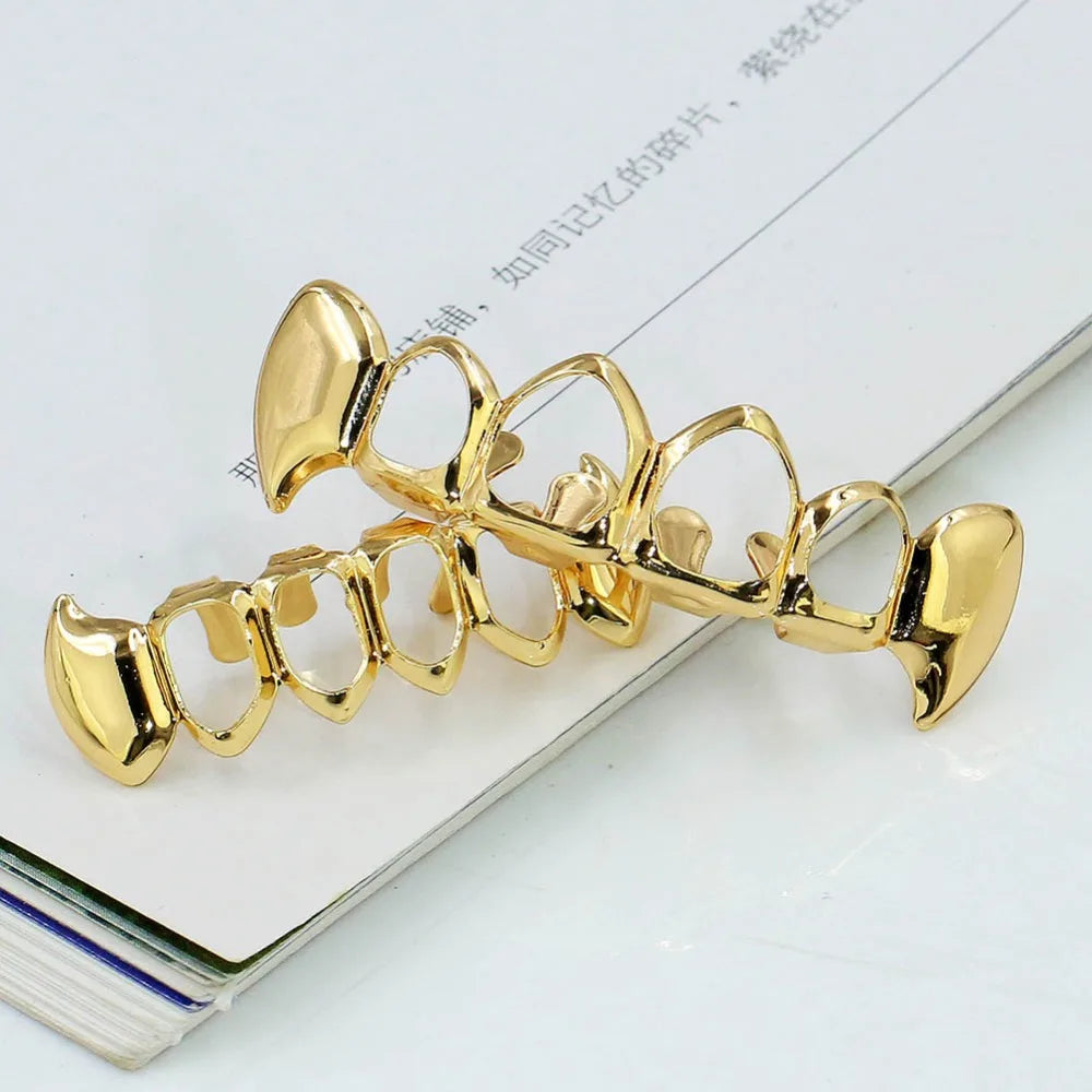 TOPGRILLZ  Gold Color Plated Hip Hop Teeth Grill Top & Bottom Grill Hip Hop Bling Hollow Vampire Teeth for Halloween