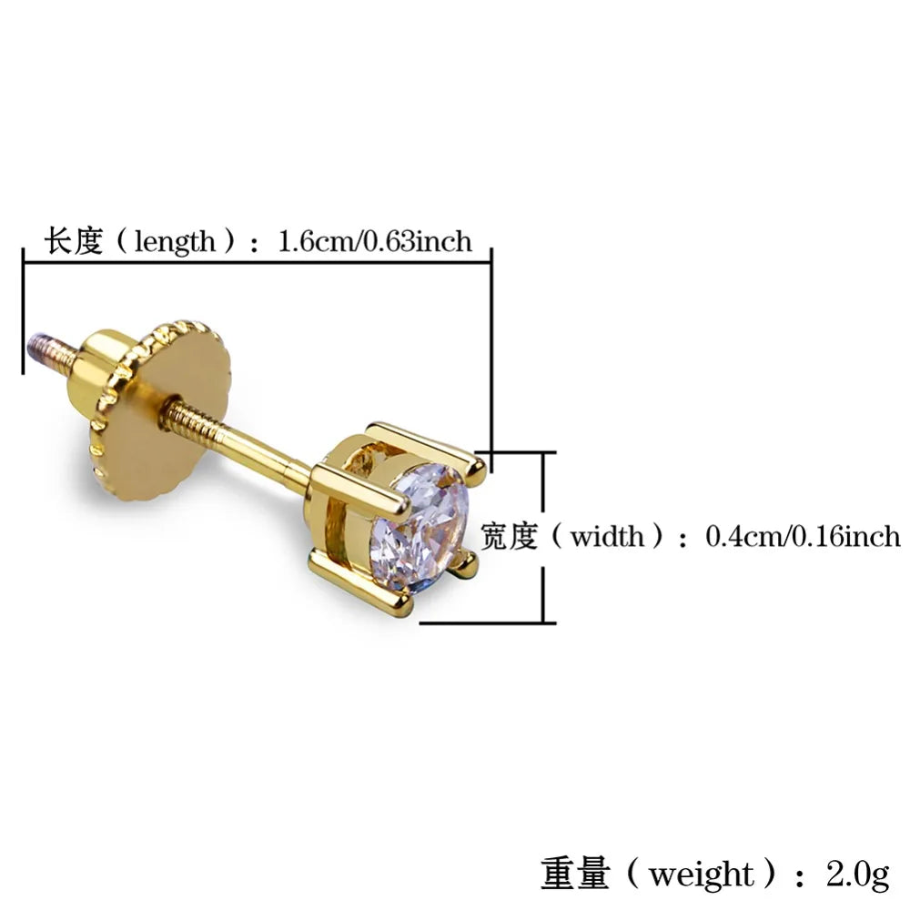 TOPGRILLZ Hip Hop New Fashion Bling Earring Gold/Silver Color Micro Pave 4mm CZ Stone Lab D Stud Earings With Screw Back