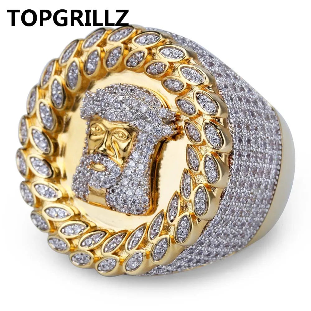 TOPGRILLZ New Arrival Hip Hop Men Jesus Ring Copper Gold Color Micro Paved AAA CZ Stone Pharaoh Round Rings With 8 9 10 11 12