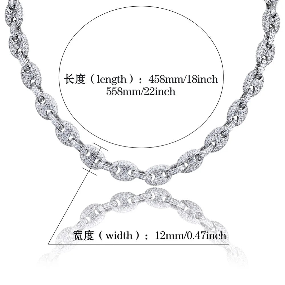 TOPGRILLZ 12MM Solid Gold Silver Color Cubic Zircon Link Necklace Bling Men's Hip hop Jewelry Copper Iced link Chain For Gift