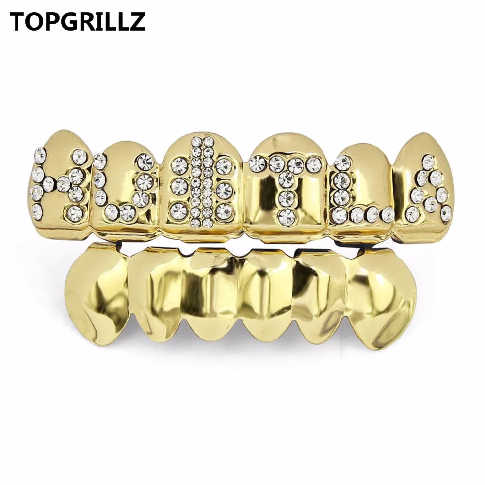 TOPGRILLZ Gold Color Plated Iced Out Letter CZ Stone Hip Hop Teeth For Mouth GRILLZ Caps Top & Bottom Grills Set Classic tooth