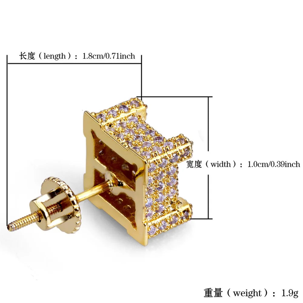 TOPGRILLZ Gold/Silver Color All Iced Out Micro Pave CZ Stone Square Stud Earring Hip Hop Rock Jewelry Earrings For Women Men