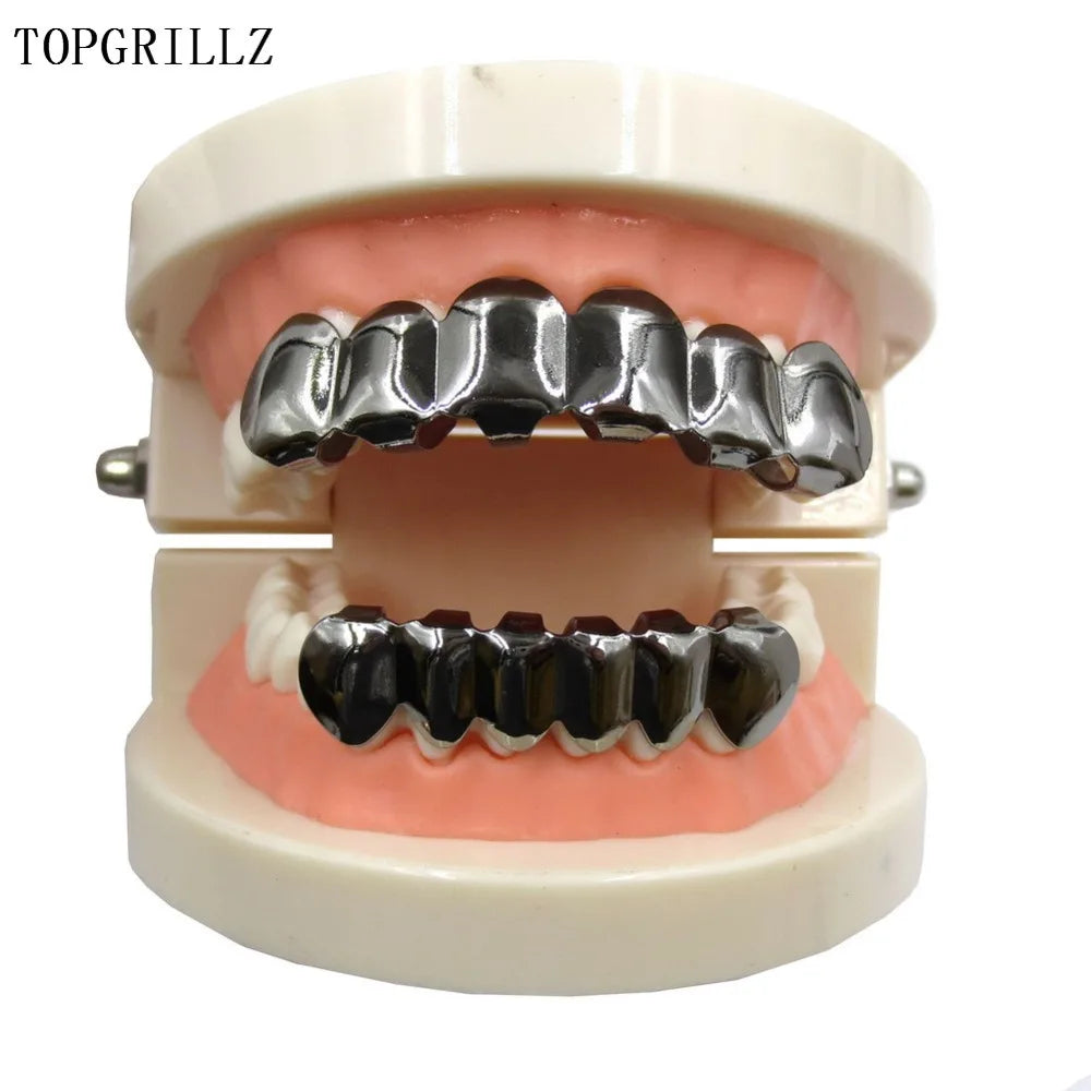 TOPGRILLZ Gold Silver Plated HIP HOP Tooth Grillz Top& Bootom Groll Set With Silicone Vampire Teeth Best Gift ForChristmas