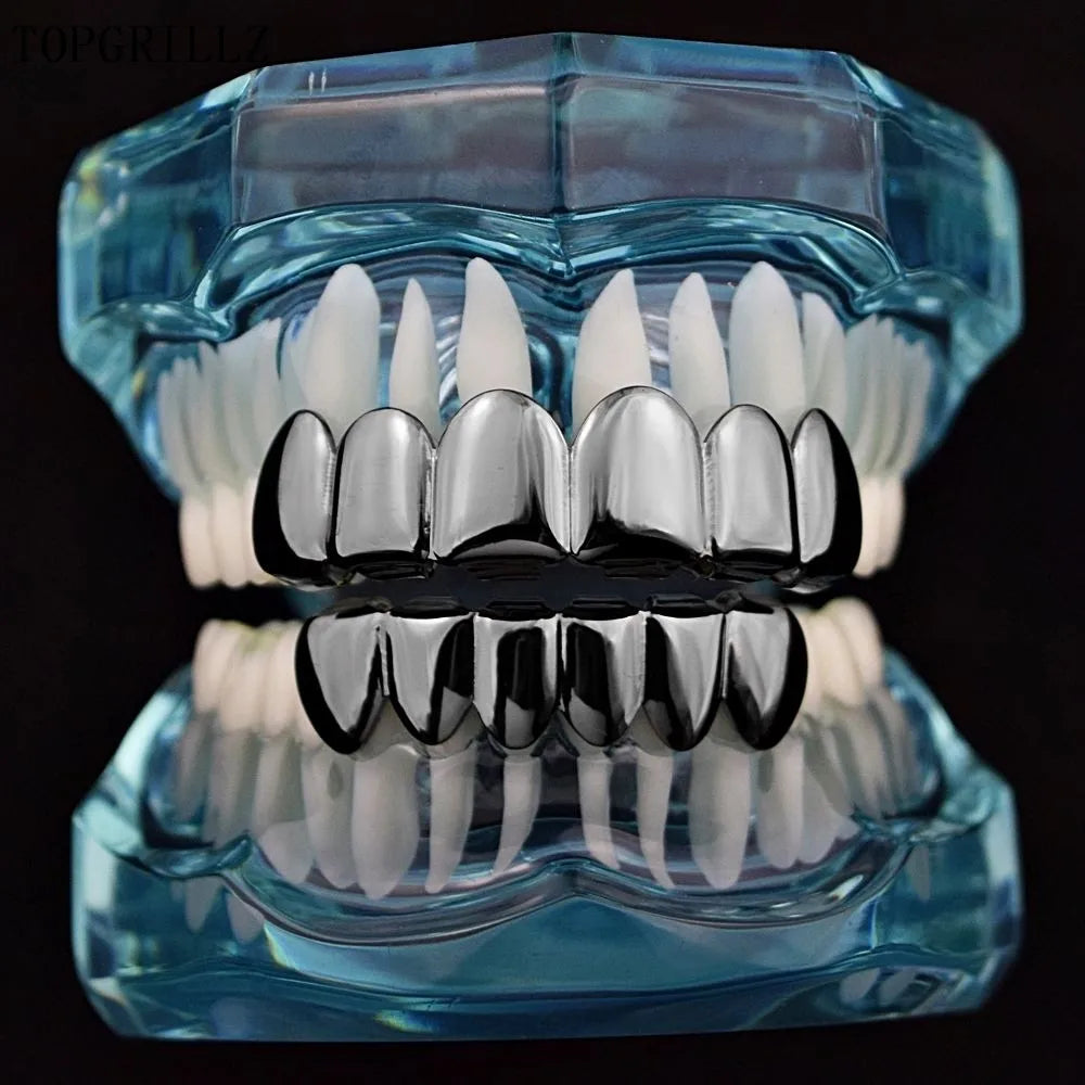 TOPGRILLZ Gold Silver Plated HIP HOP Tooth Grillz Top& Bootom Groll Set With Silicone Vampire Teeth Best Gift ForChristmas