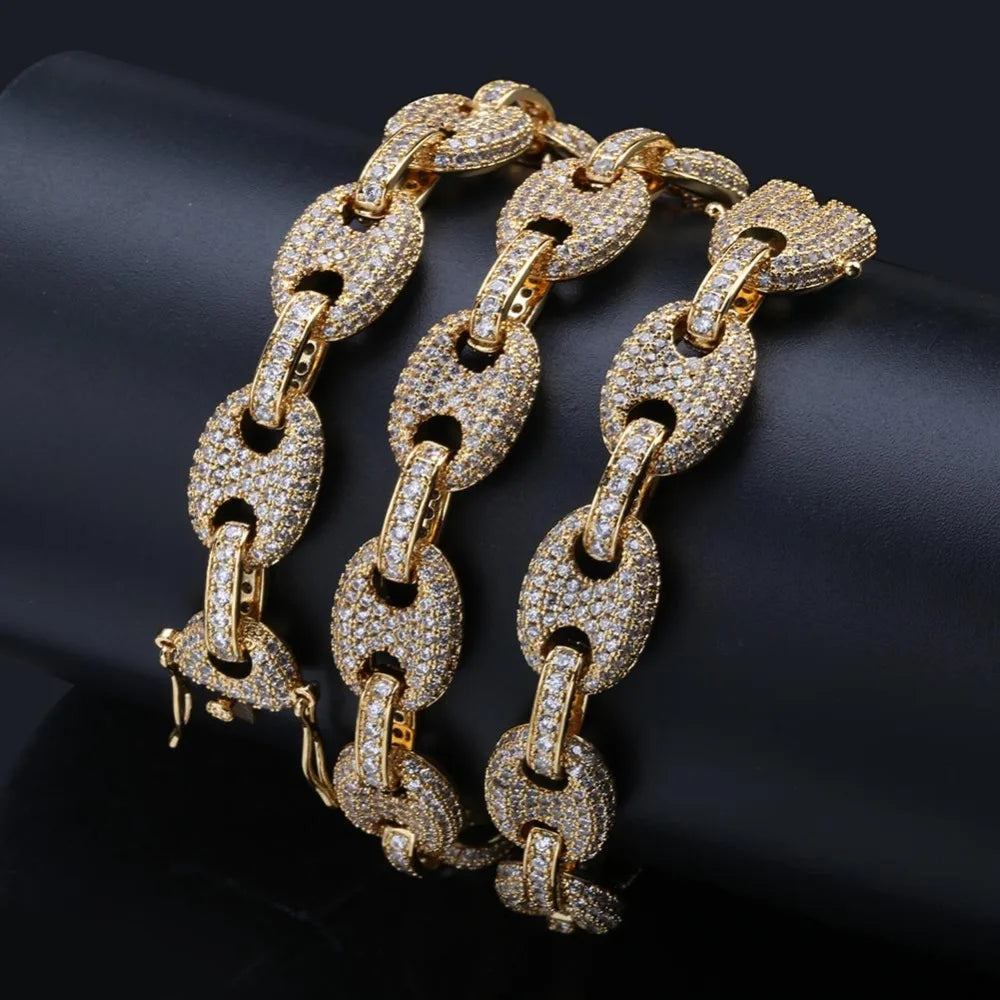 TOPGRILLZ 12MM Solid Gold Silver Color Cubic Zircon Link Necklace Bling Men's Hip hop Jewelry Copper Iced link Chain For Gift