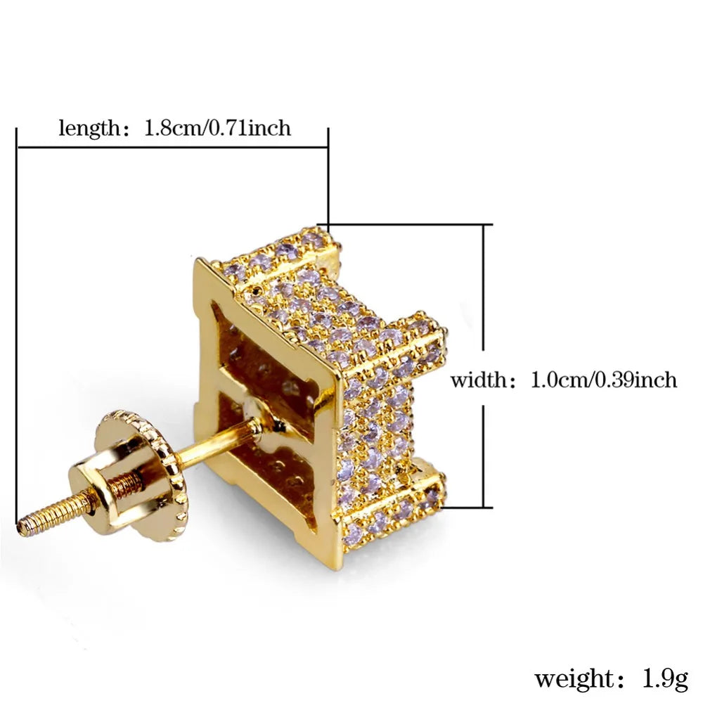 TOPGRILLZ Gold/Silver Color All Iced Out Micro Pave CZ Stone Square Stud Earring Hip Hop Rock Jewelry Earrings For Women Men
