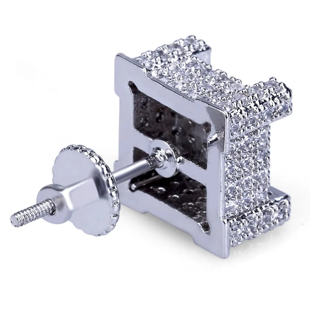 TOPGRILLZ Gold/Silver Color All Iced Out Micro Pave CZ Stone Square Stud Earring Hip Hop Rock Jewelry Earrings For Women Men
