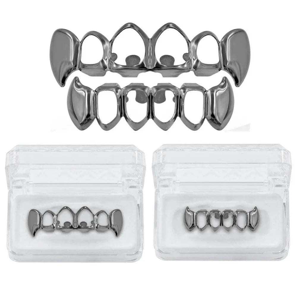 TOPGRILLZ  Gold Color Plated Hip Hop Teeth Grill Top & Bottom Grill Hip Hop Bling Hollow Vampire Teeth for Halloween