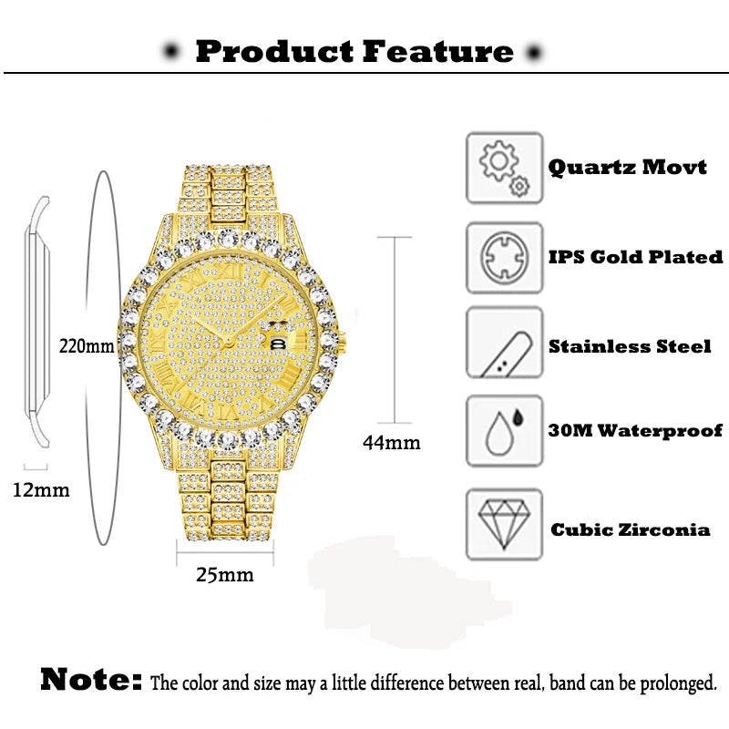 TOPGRILLZ Men Watch Gold Plated Mens Watches Top Brand Luxury Bracelet Stainless Steel Quartz Wristwatch Business Clock