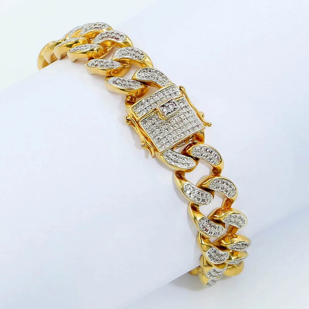 TOPGRILLZ Hip Hop Rock Jewelry Gold Color Plated Cuban Chain Micro Pave CZ Stones Bracelet 8 Inch Length Beacelets For Men