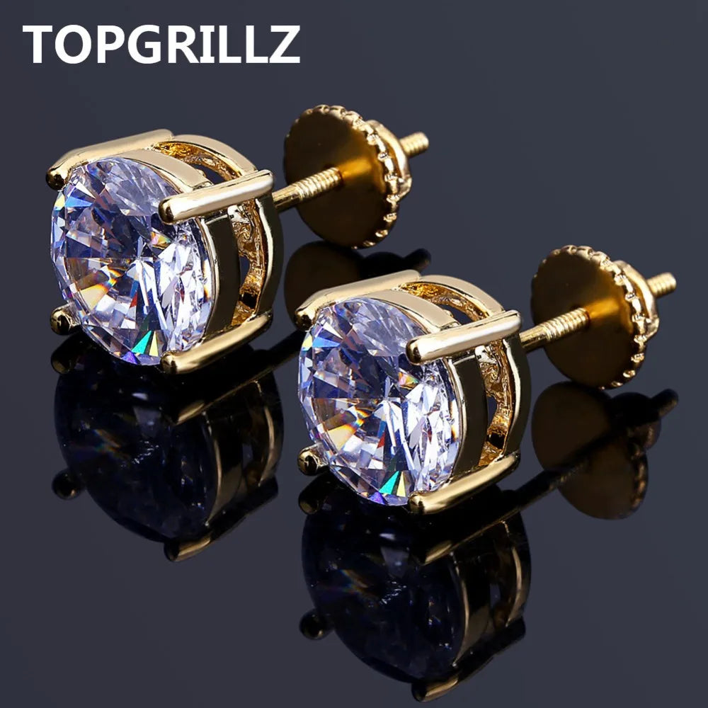 TOPGRILLZ Hip Hop Iced Out Bling Stud Earrings With Screw Back Silver Plated Micro Pave 8mm CZ Stone Earrings Gift For Mem