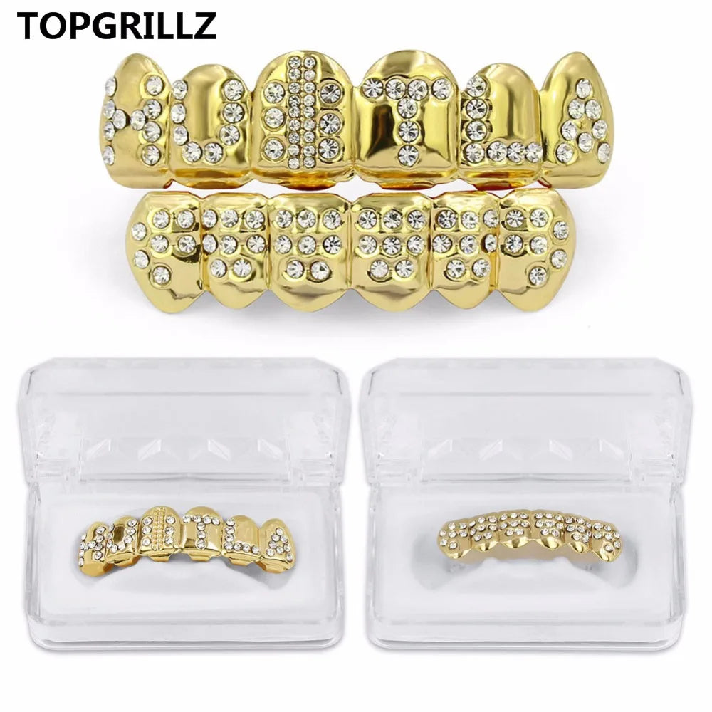 TOPGRILLZ Gold Color Plated Iced Out Letter CZ Stone Hip Hop Teeth For Mouth GRILLZ Caps Top & Bottom Grills Set Classic tooth