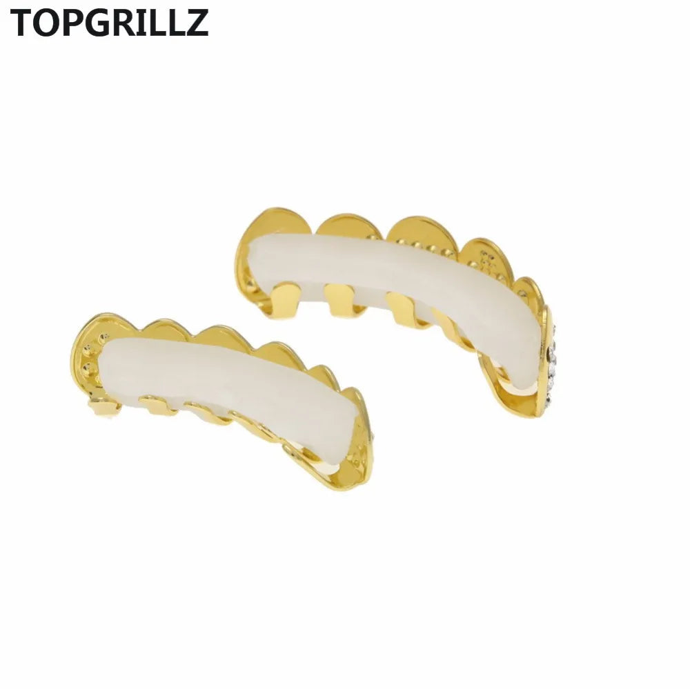 TOPGRILLZ Gold Color Plated Iced Out Letter CZ Stone Hip Hop Teeth For Mouth GRILLZ Caps Top & Bottom Grills Set Classic tooth