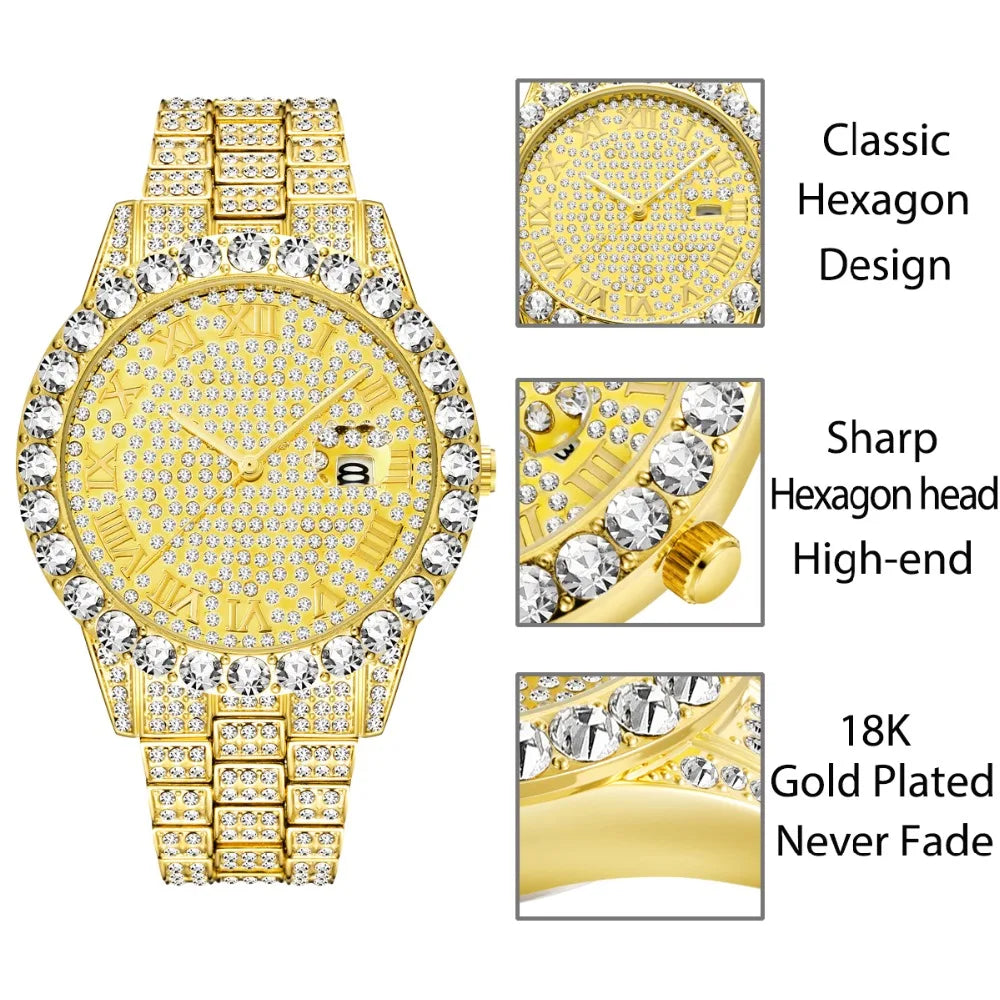 TOPGRILLZ Men Watch Gold Plated Mens Watches Top Brand Luxury Bracelet Stainless Steel Quartz Wristwatch Business Clock