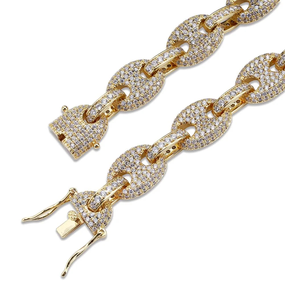 TOPGRILLZ 12MM Solid Gold Silver Color Cubic Zircon Link Necklace Bling Men's Hip hop Jewelry Copper Iced link Chain For Gift
