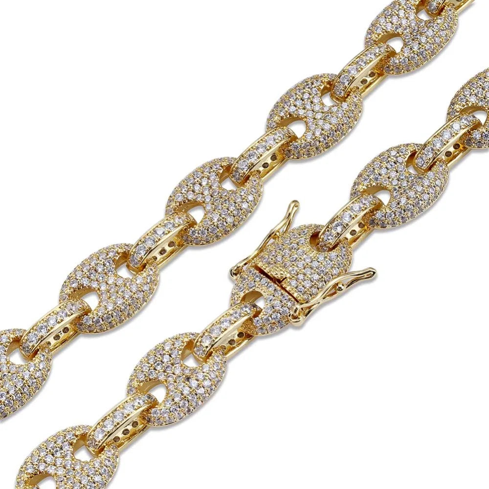 TOPGRILLZ 12MM Solid Gold Silver Color Cubic Zircon Link Necklace Bling Men's Hip hop Jewelry Copper Iced link Chain For Gift